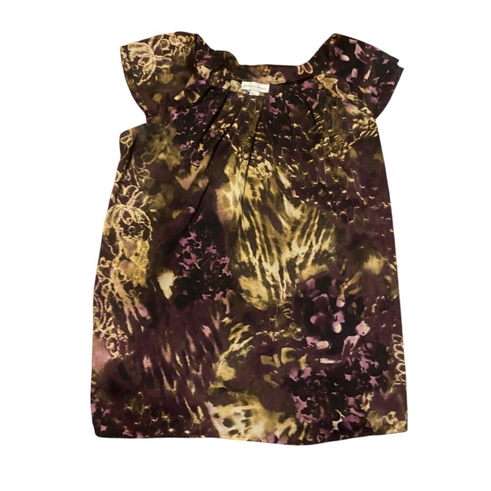 Fashion Bug Women’s XL Flutter Sleeve Blouse Abstract Floral Purple Yellow Brown